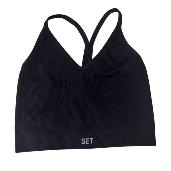 SET Active Black Ribbed Strappy V Neck Sports Bra Crop Tank Top Size Small - Picture 1 of 3